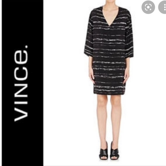 Vince Shadow Stripe V-Neck Silk Tunic Dress Size S Black & White 6573 - Picture 4 of 11